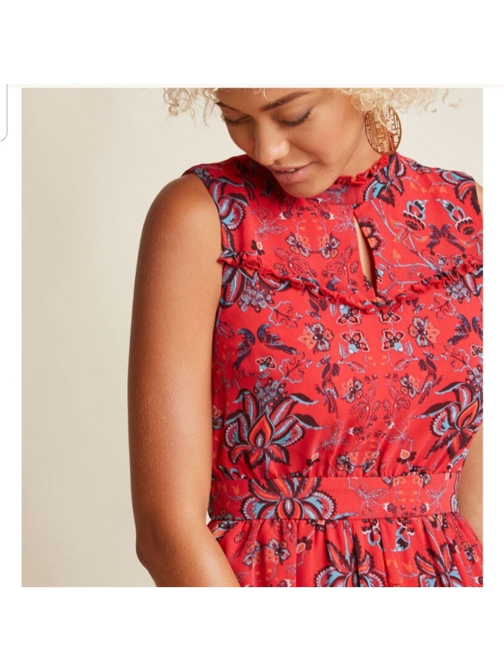 MODCLOTH red and blue floral dress keyhole neck size small tiered